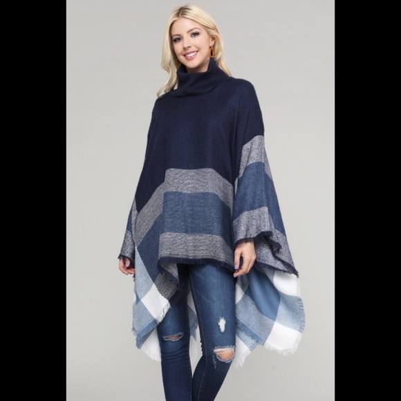 Turtleneck pullover poncho in navy. - Picture 4 of 4
